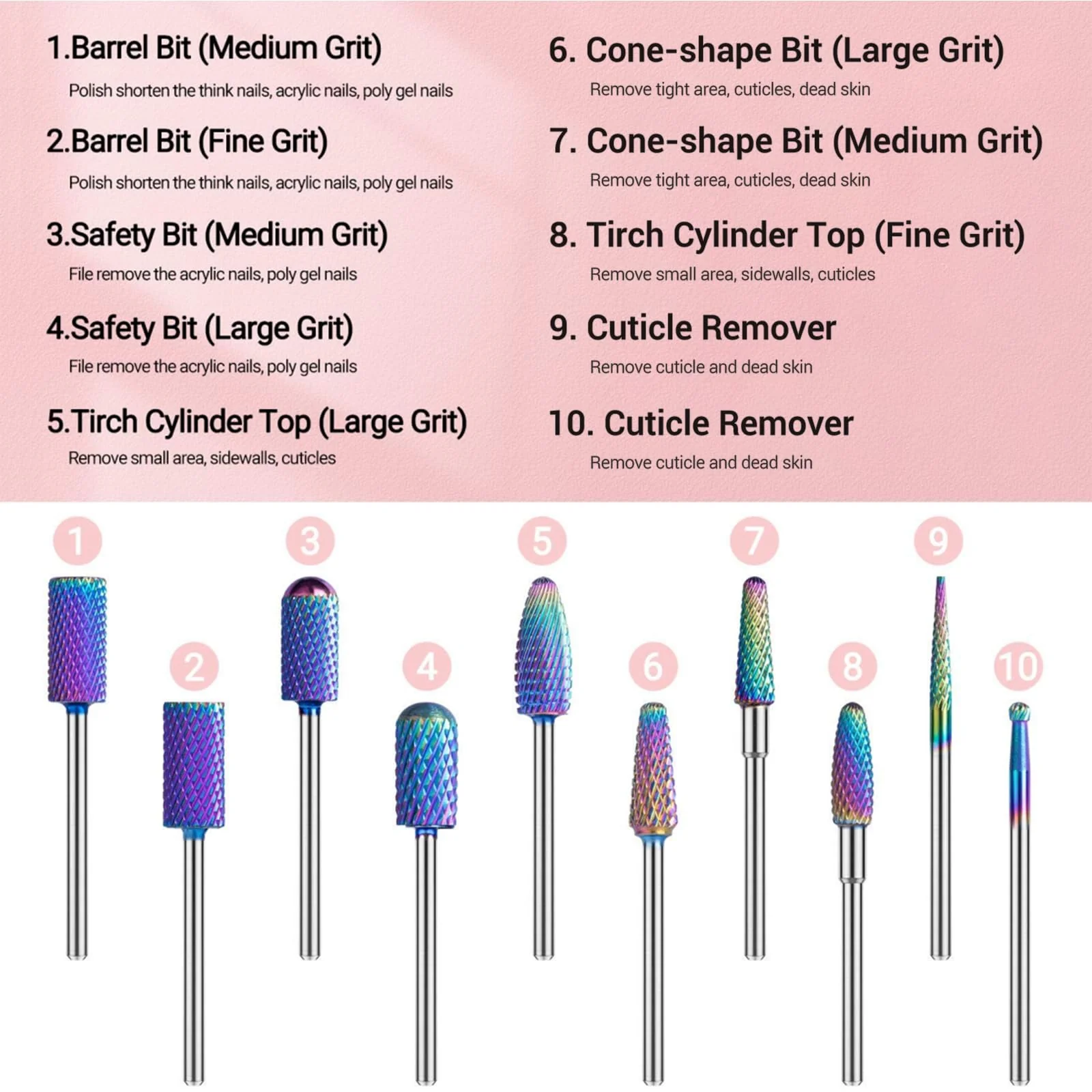 New Colorful Tungsten Carbide Nail Drill Bits Set (10pcs) - Image 4